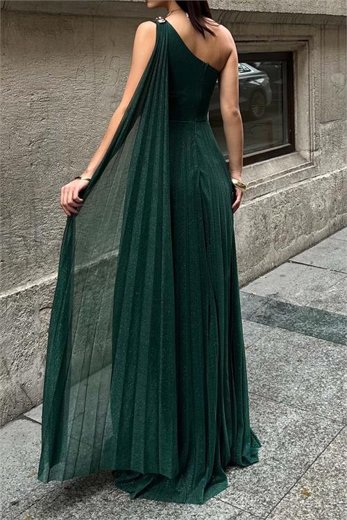 Kadın Zümrüt Yeşil Tek Omuz Simli Piliseli Tül Uzun Abiye Elbise Astarlı HSZ046 