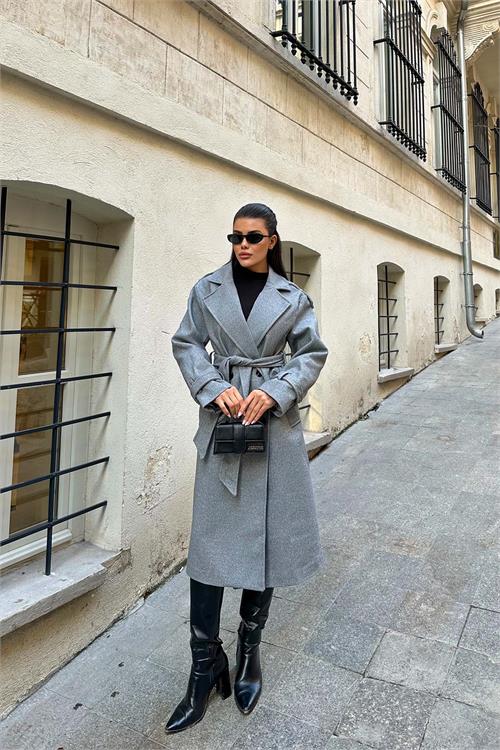 Kadın Açık Gri Kuşaklı Kruvaze Yaka Uzun Kaşe Kaban HSZ001 