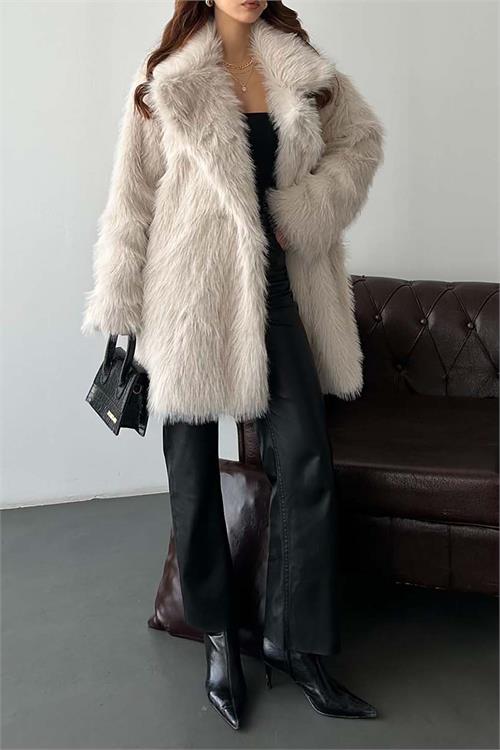 Kadın bej Astarlı Düğmeli Oversize Kürk Kaban HSZ002 