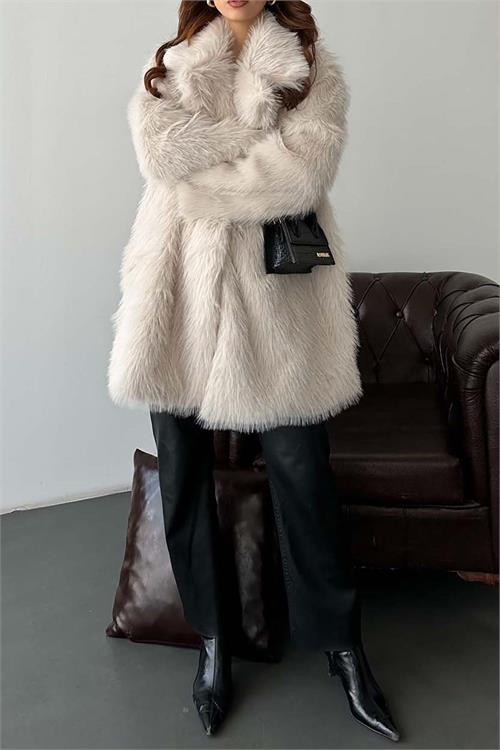 Kadın bej Astarlı Düğmeli Oversize Kürk Kaban HSZ002 