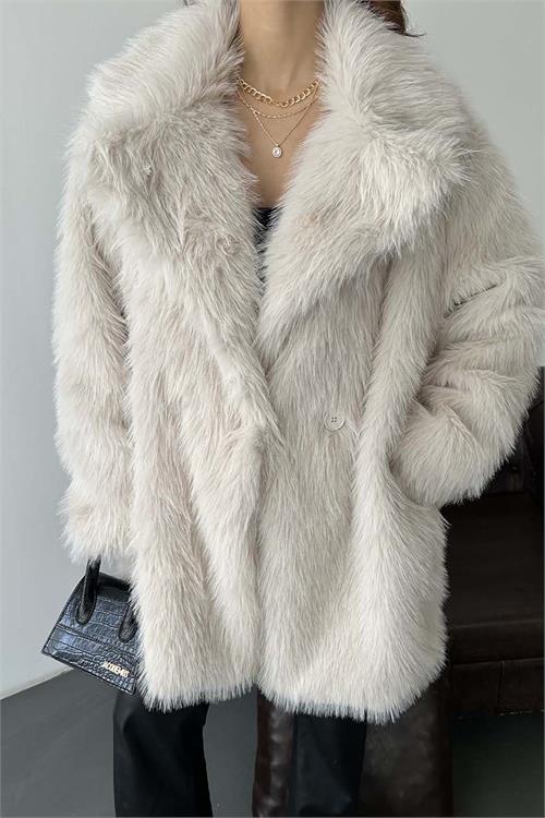 Kadın bej Astarlı Düğmeli Oversize Kürk Kaban HSZ002 