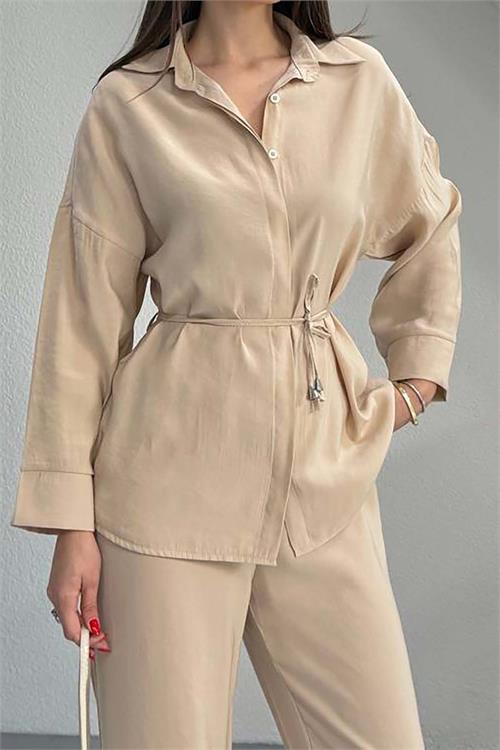 Kadın Bej Bel Bağlamalı Gömlek Pantolon Takım Cepli Lastikli HSZ041 