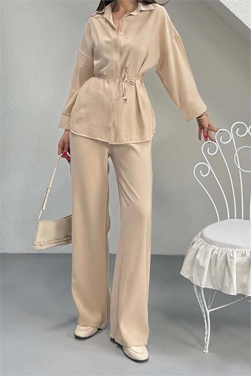 Kadın Bej Bel Bağlamalı Gömlek Pantolon Takım Cepli Lastikli HSZ041 