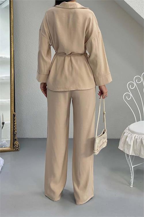 Kadın Bej Bel Bağlamalı Gömlek Pantolon Takım Cepli Lastikli HSZ041 