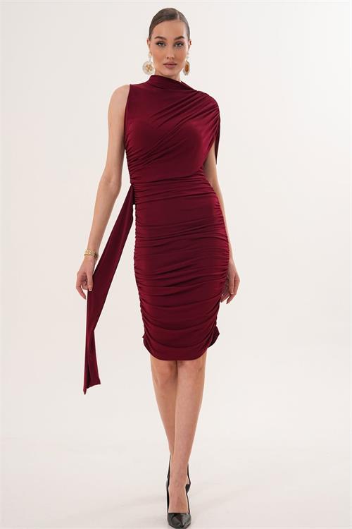 Kadın Bordo Drapeli Kuyruk Detaylı Tek Omuz Sandy Kumaş Elbise HSZ069 