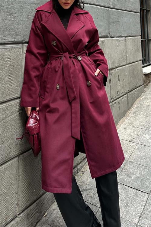 Kadın Bordo Kuşaklı Düğmeli Bondit Kumaş Su Gecirmez Trençkot HSZ028 