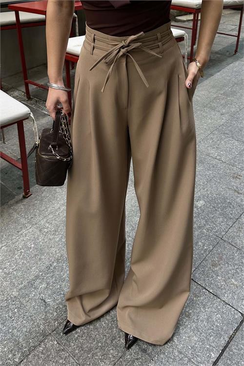Kadin Camel On Baglamali Yuksek Bel Bol Paca Kumas Pantolon HSZ017 