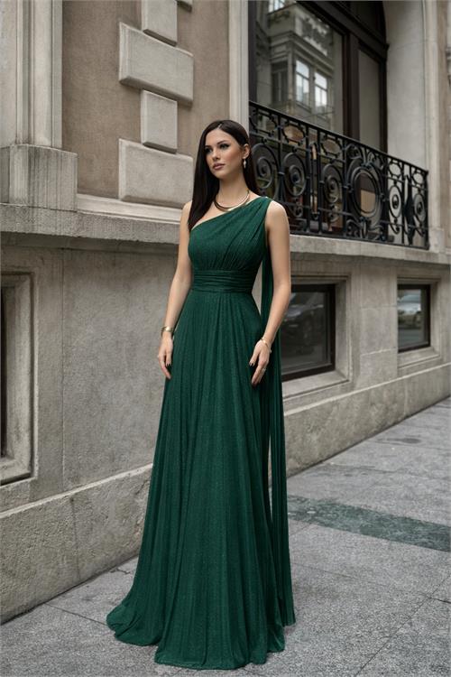 Kadın Zümrüt Yeşil Tek Omuz Simli Piliseli Tül Uzun Abiye Elbise Astarlı HSZ046 