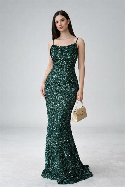 Kadın Zumrut Yesil Askılı Pul Payet Uzun Abiye Elbise Astarlı HSZ045 