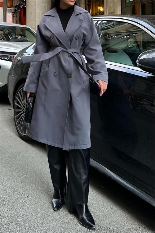 Kadin Gri Kuşaklı Düğmeli Bondit Kumaş Su Gecirmez Trençkot HSZ028 