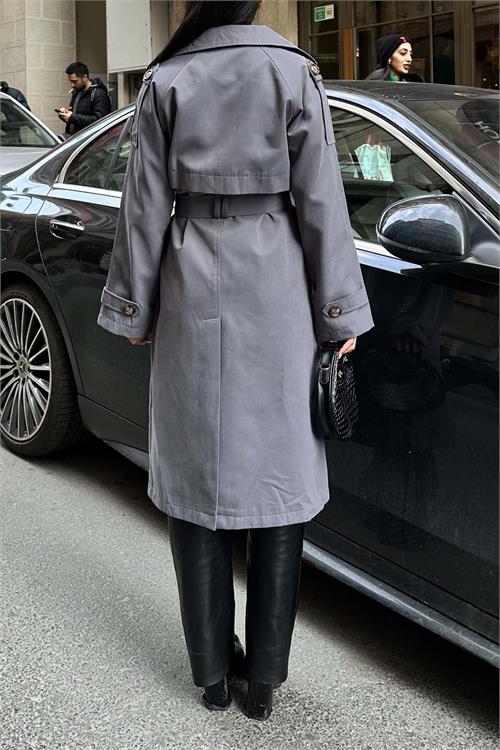 Kadin Gri Kuşaklı Düğmeli Bondit Kumaş Su Gecirmez Trençkot HSZ028 