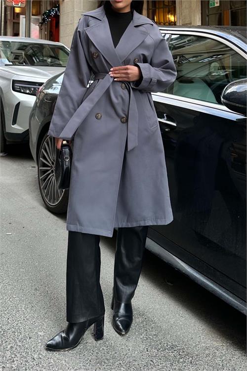 Kadin Gri Kuşaklı Düğmeli Bondit Kumaş Su Gecirmez Trençkot HSZ028 