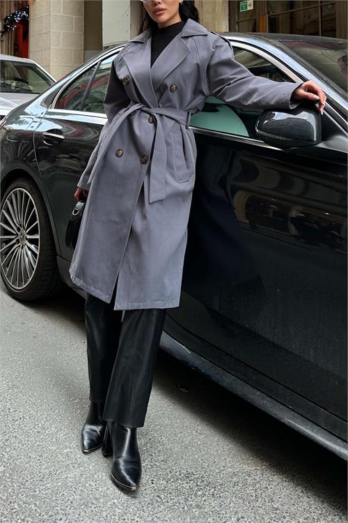 Kadin Gri Kuşaklı Düğmeli Bondit Kumaş Su Gecirmez Trençkot HSZ028 