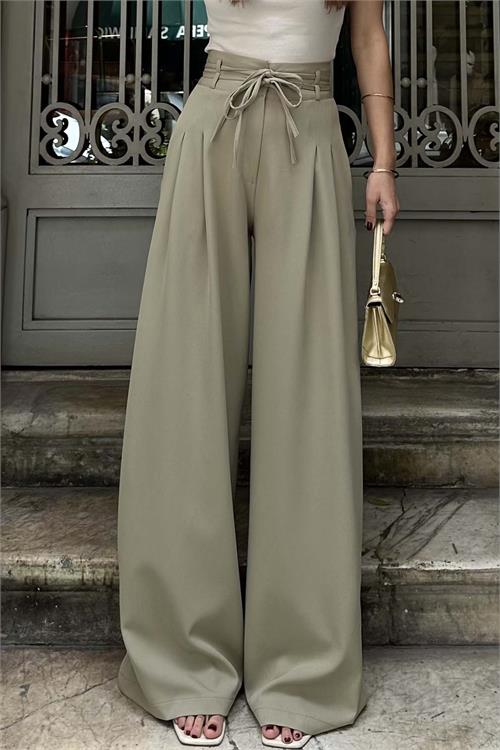 Kadin Haki On Baglamali Yuksek Bel Bol Paca Kumas Pantolon HSZ017 