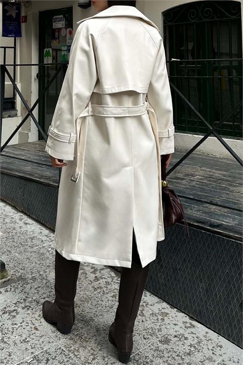 Kadın Ekru Deri Trençkot Kemer Aksesuarlı | Şık & Modern HSZ029 