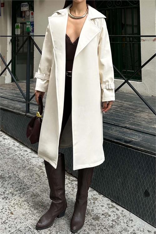 Kadın Ekru Deri Trençkot Kemer Aksesuarlı | Şık & Modern HSZ029 