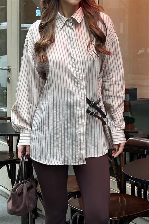 Kadın Vizon Çizgili Oversize Düğmeli Yan Deri Bağlama Gömlek HSZ056 