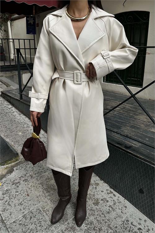 Kadın Ekru Deri Trençkot Kemer Aksesuarlı | Şık & Modern HSZ029 