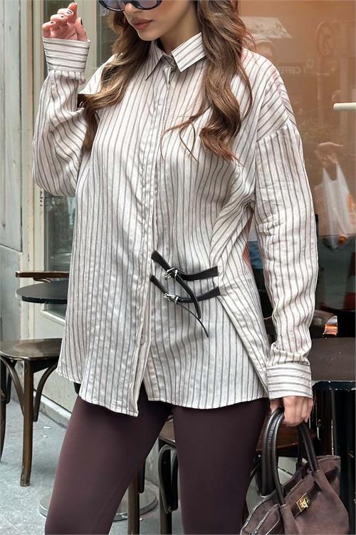 Kadın Vizon Çizgili Oversize Düğmeli Yan Deri Bağlama Gömlek HSZ056 