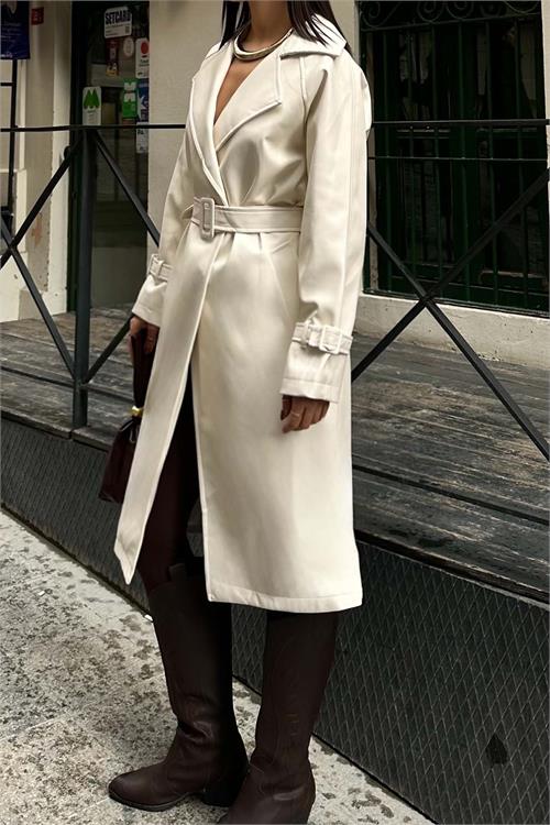 Kadın Ekru Deri Trençkot Kemer Aksesuarlı | Şık & Modern HSZ029 