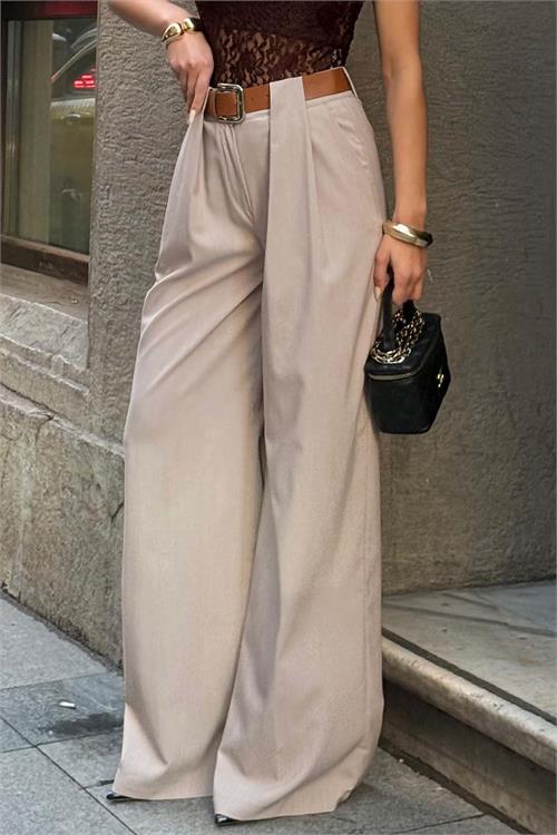 Kadın Vizon Modal Kumaş Yüksek Bel Kemer Detaylı Bol Paça Pantolon HSZ060 