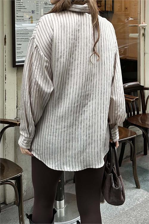 Kadın Vizon Çizgili Oversize Düğmeli Yan Deri Bağlama Gömlek HSZ056 