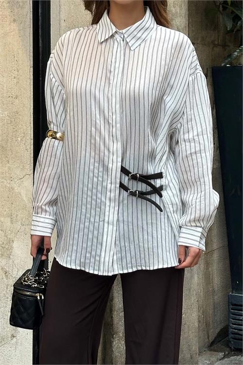 Kadın Ekru Çizgili Oversize Düğmeli Yan Deri Bağlama Gömlek HSZ056 