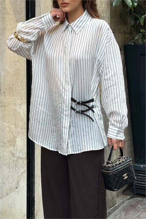 Kadın Ekru Çizgili Oversize Düğmeli Yan Deri Bağlama Gömlek HSZ056 