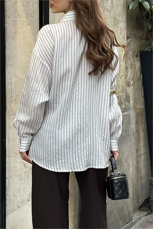 Kadın Ekru Çizgili Oversize Düğmeli Yan Deri Bağlama Gömlek HSZ056 