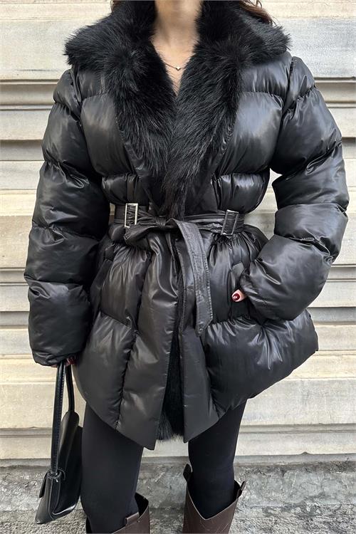 Kadın kürk yaka şişme mont kemerli kışlık şık tasarım HSZ033 