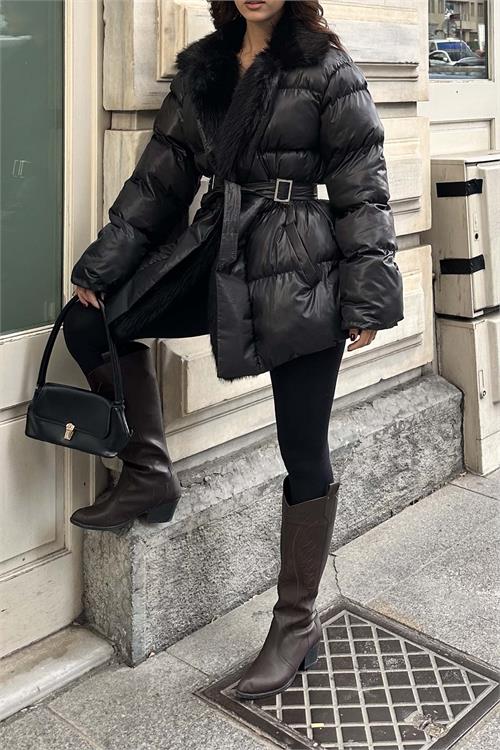 Kadın kürk yaka şişme mont kemerli kışlık şık tasarım HSZ033 