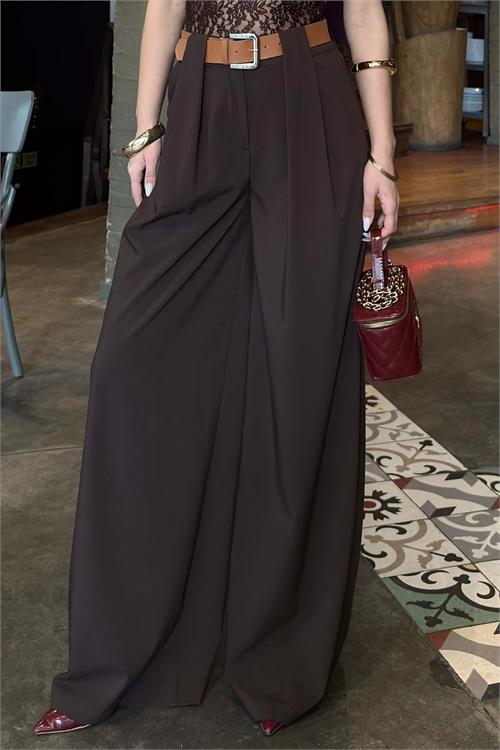 Kadın Kahverengi Modal Kumaş Yüksek Bel Kemer Detaylı Bol Paça Pantolon HSZ060 