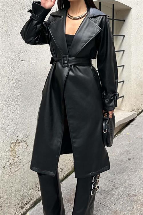 Kadın Siyah Deri Trençkot Kemer Aksesuarlı | Şık & Modern HSZ029 