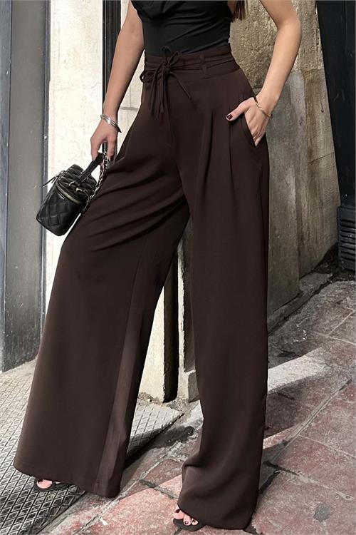 Kadin Kahve On Baglamali Yuksek Bel Bol Paca Kumas Pantolon HSZ017 