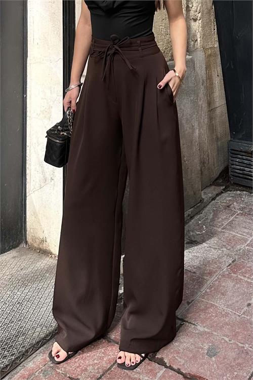 Kadin Kahve On Baglamali Yuksek Bel Bol Paca Kumas Pantolon HSZ017 
