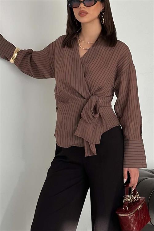 Kadın Kahverengi Çizgili Kruvaze Yandan Bağlamalı Gömlek HSZ055 