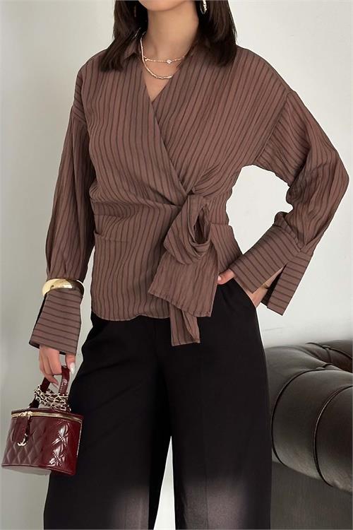 Kadın Kahverengi Çizgili Kruvaze Yandan Bağlamalı Gömlek HSZ055 