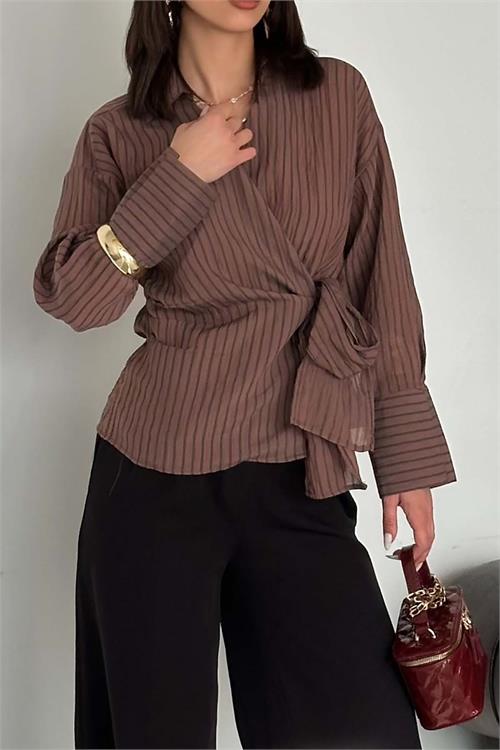 Kadın Kahverengi Çizgili Kruvaze Yandan Bağlamalı Gömlek HSZ055 