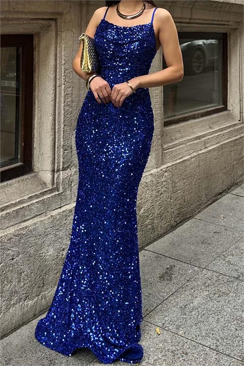 Kadın Saks Askılı Pul Payet Uzun Abiye Elbise Astarlı HSZ045 