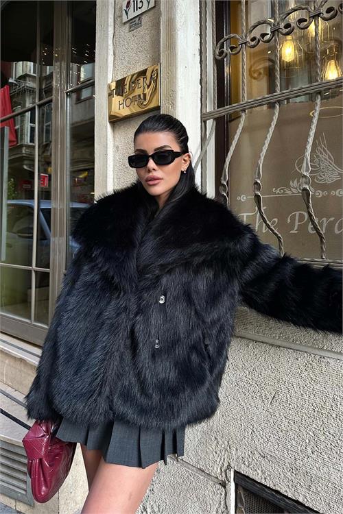 Kadın Şal Yaka Astarlı Kürk Ceket – Düğmeli Oversize Geniş Kalıp HSZ003 