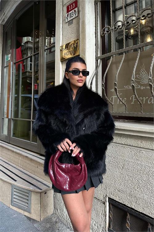 Kadın Şal Yaka Astarlı Kürk Ceket – Düğmeli Oversize Geniş Kalıp HSZ003 