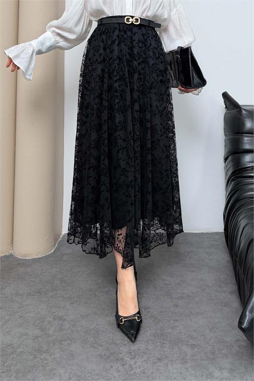 Kadın Siyah Kemer Aksesuarlı Tül Midi Etek Astarlı HSZ064 