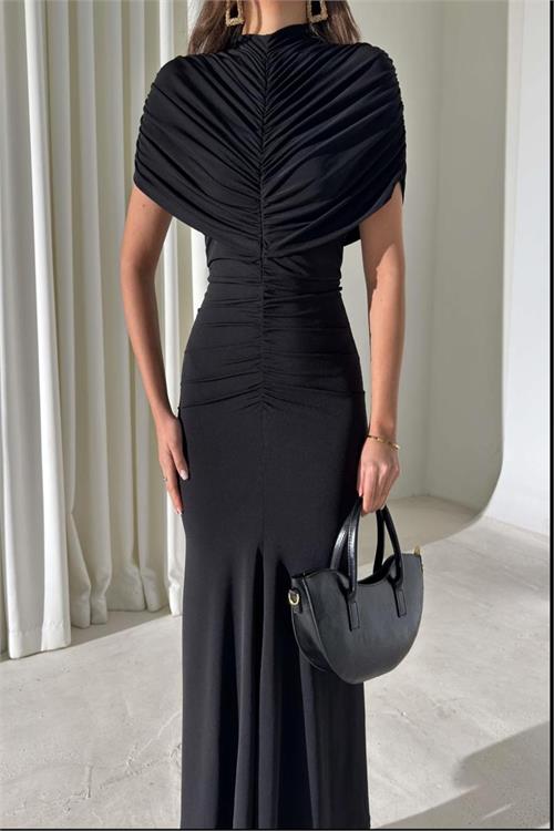 Kadın Siyah Büzgü Detaylı Yüksek Yaka Uzun Sandy Kumaş Elbise HSZ066 