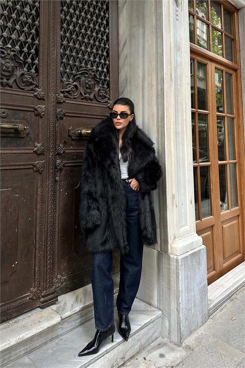 Kadın Siyah Astarlı Düğmeli Oversize Kürk Kaban HSZ002 