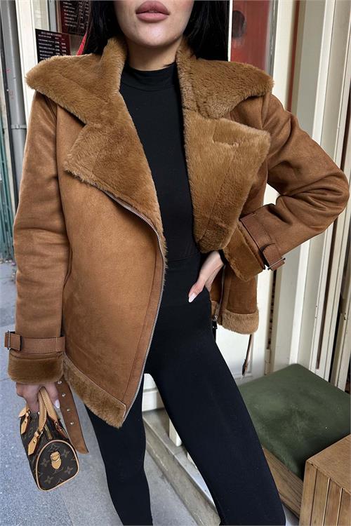 Kadın Taba Kemerli Fermuarlı Kürk Detaylı Süet Mont HSZ007 