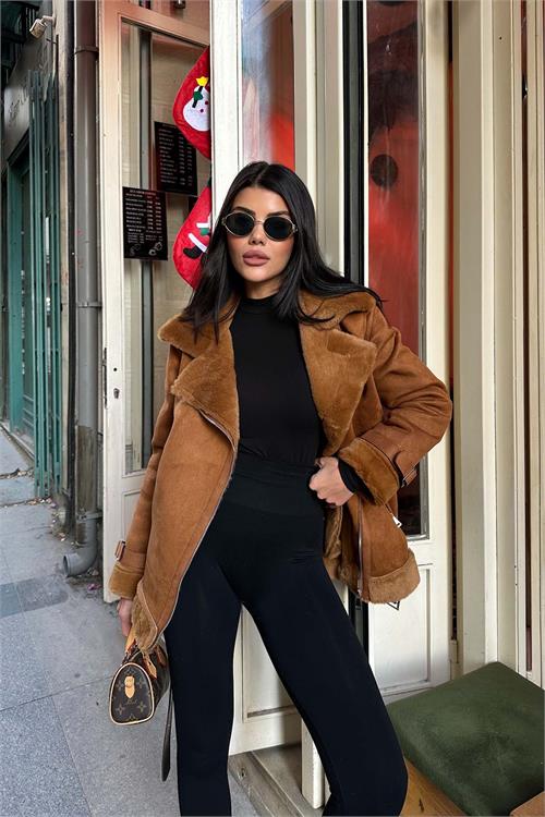 Kadın Taba Kemerli Fermuarlı Kürk Detaylı Süet Mont HSZ007 