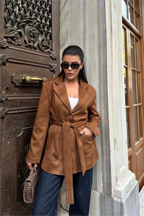 Kadın Taba Kuşaklı Süet Görünümlü Ceket HSZ005 