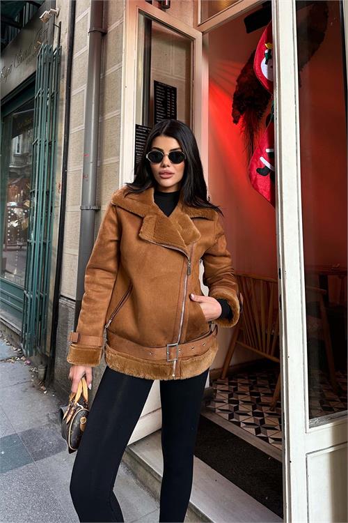 Kadın Taba Kemerli Fermuarlı Kürk Detaylı Süet Mont HSZ007 