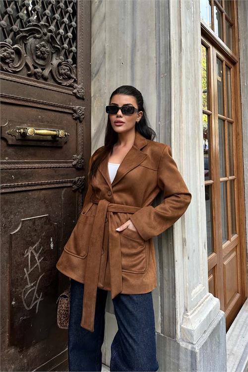 Kadın Taba Kuşaklı Süet Görünümlü Ceket HSZ005 