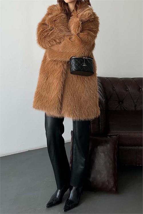 Kadın taba Astarlı Düğmeli Oversize Kürk Kaban HSZ002 